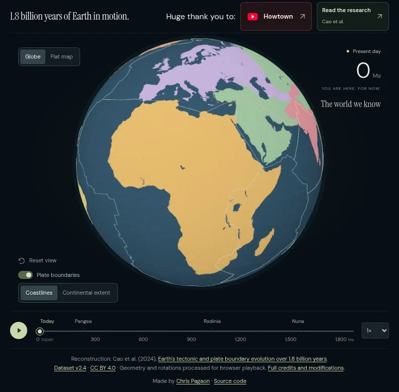 Tectonic globe with colored plates and a geological timeline