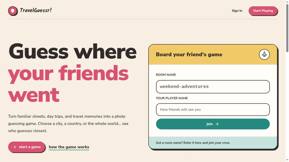 TravelGuessr homepage with a game invitation form